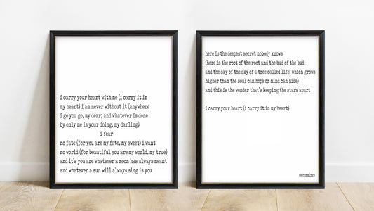 ee cummings i carry your heart set of 2 prints in black frames, white background