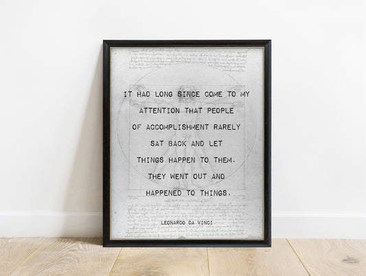 Leonardo da Vinci people of accomplishment quote print over Vitruvian Man sketch, in a black frame