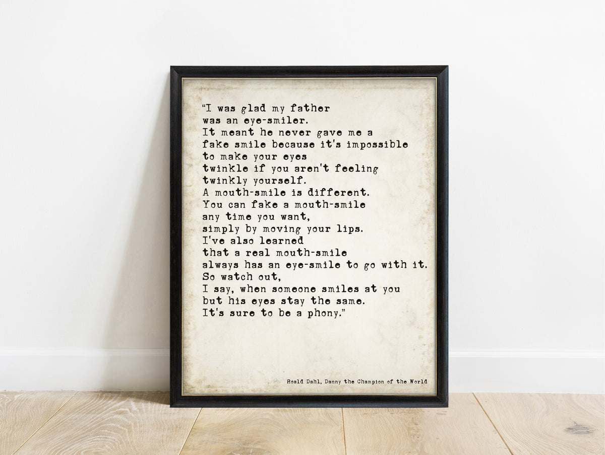 Roald Dahl Danny the Champion of the World eye-smiler quote print in a black frame, vintage background