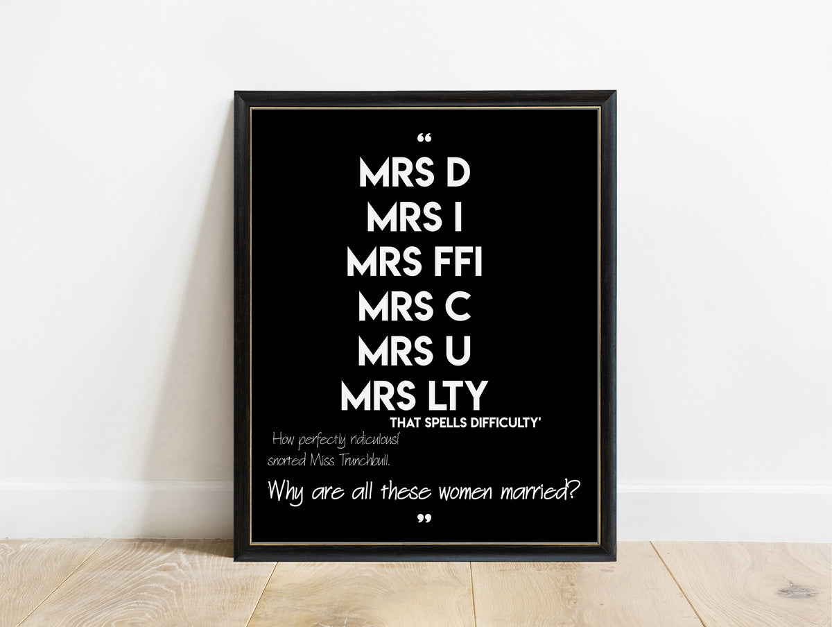 Roald Dahl Matilda Mrs D Mrs I Mrs FFI difficulty bold print in a black frame, black background