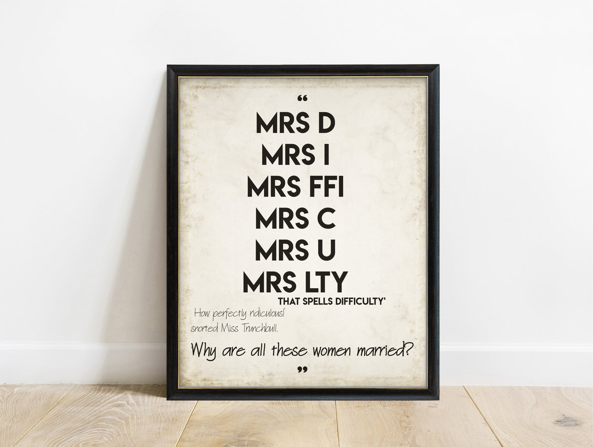 Roald Dahl Matilda Mrs D Mrs I Mrs FFI difficulty bold print in a black frame, vintage background
