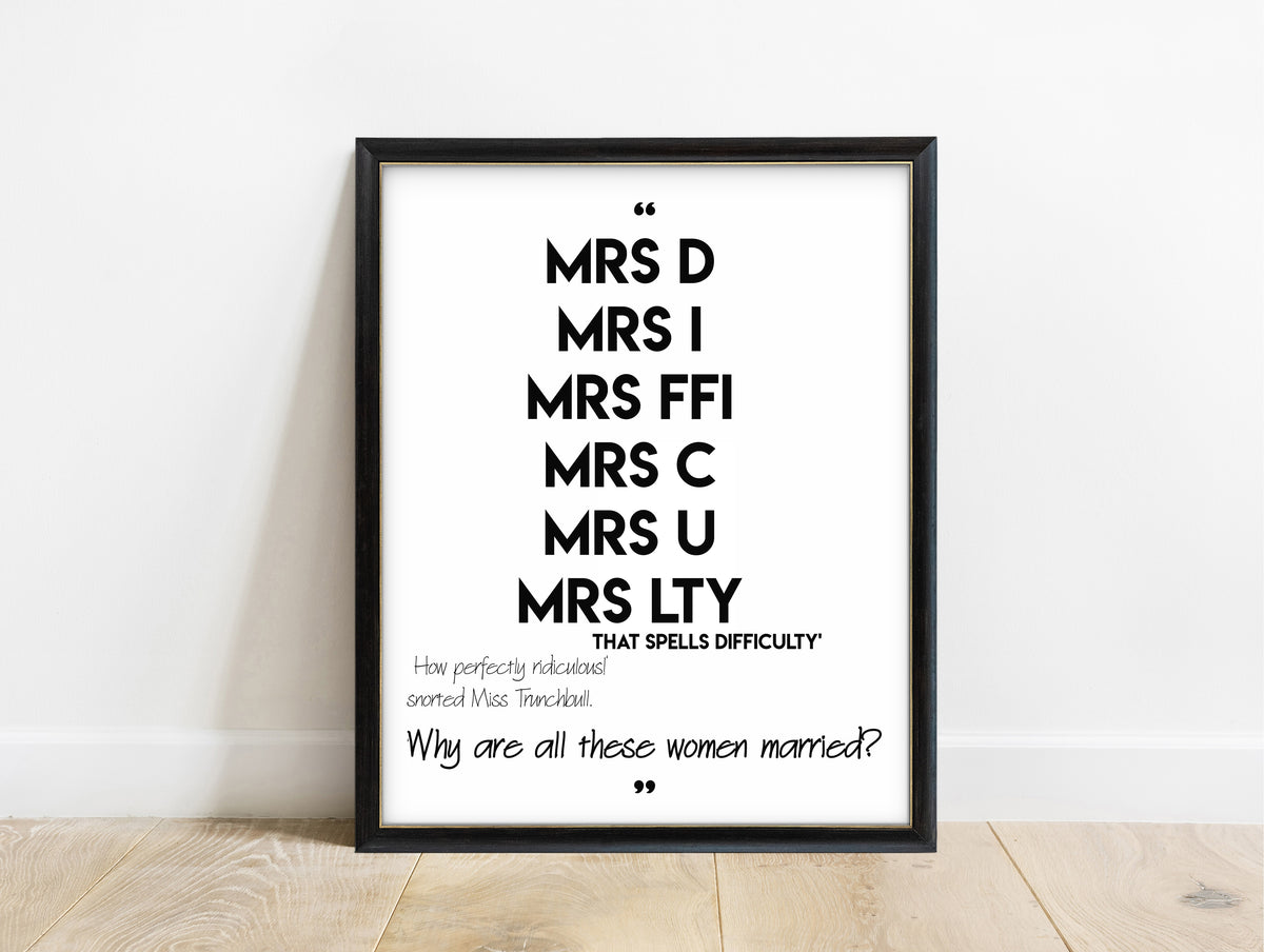 Roald Dahl Matilda Mrs D Mrs I Mrs FFI difficulty bold print in a black frame, white background