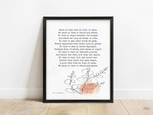 W. H. Davies Leisure poem print with botanical line drawing, in a black frame