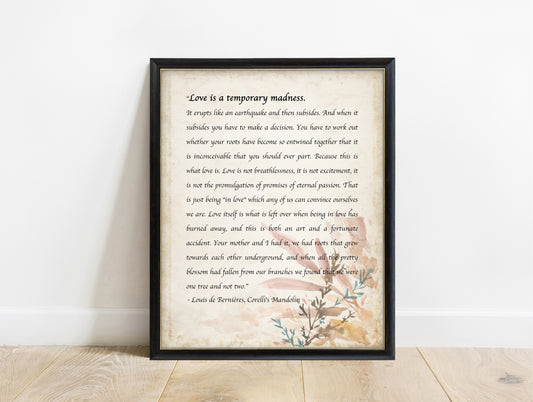 Louis de Bernières love is a temporary madness Captain Corelli's Mandolin vintage quote print, in a black frame