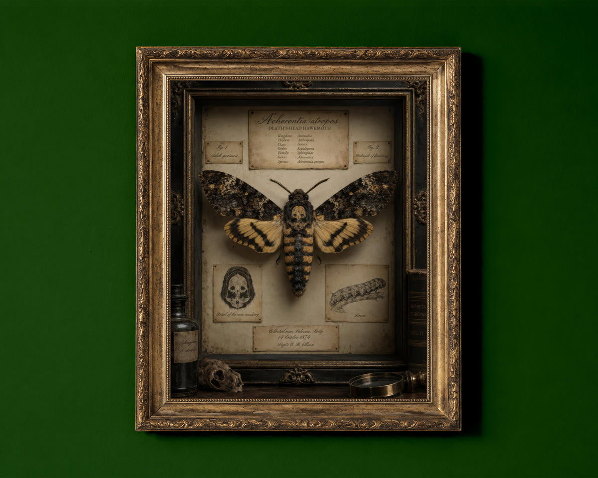 Death's-head hawkmoth in a vintage specimen case with handwritten labels, dark academia natural history print shown in a gold frame for display only; framed prints are sent in a black frame
