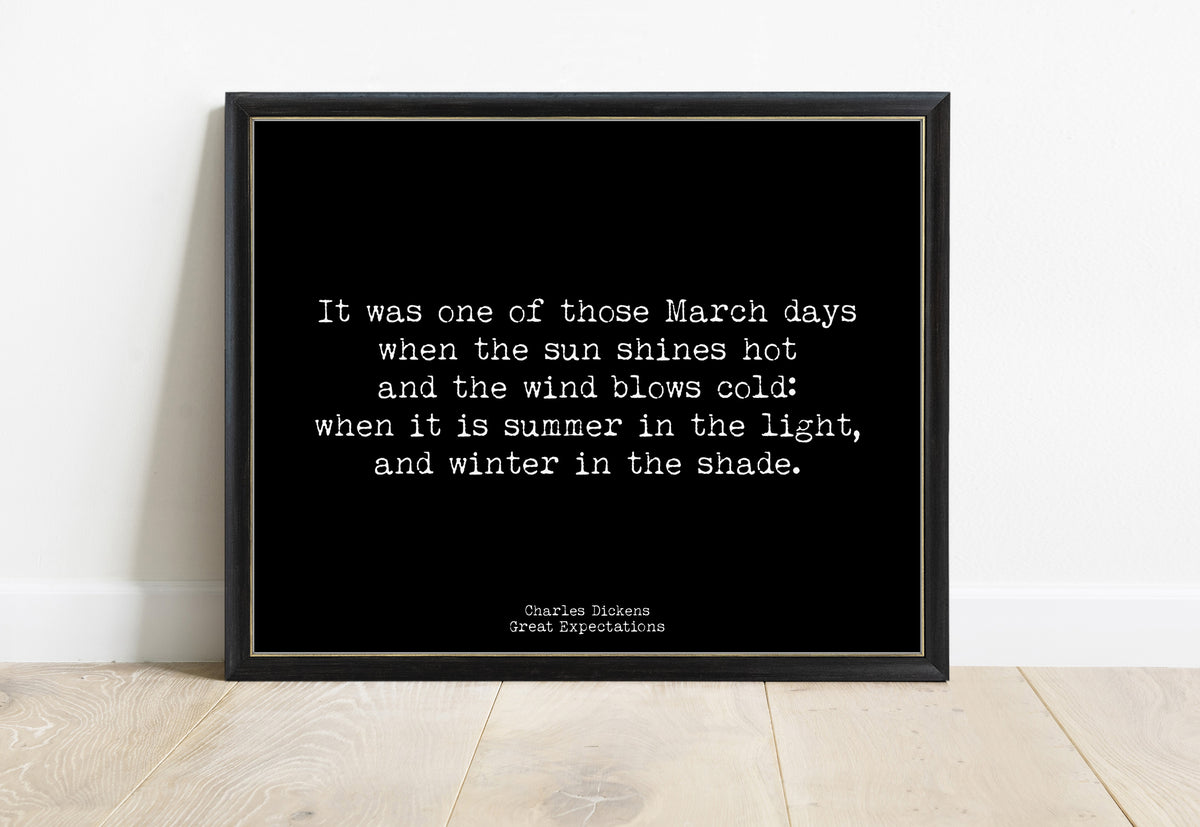 Charles Dickens summer in the light, winter in the shade quote print in a black frame, black background