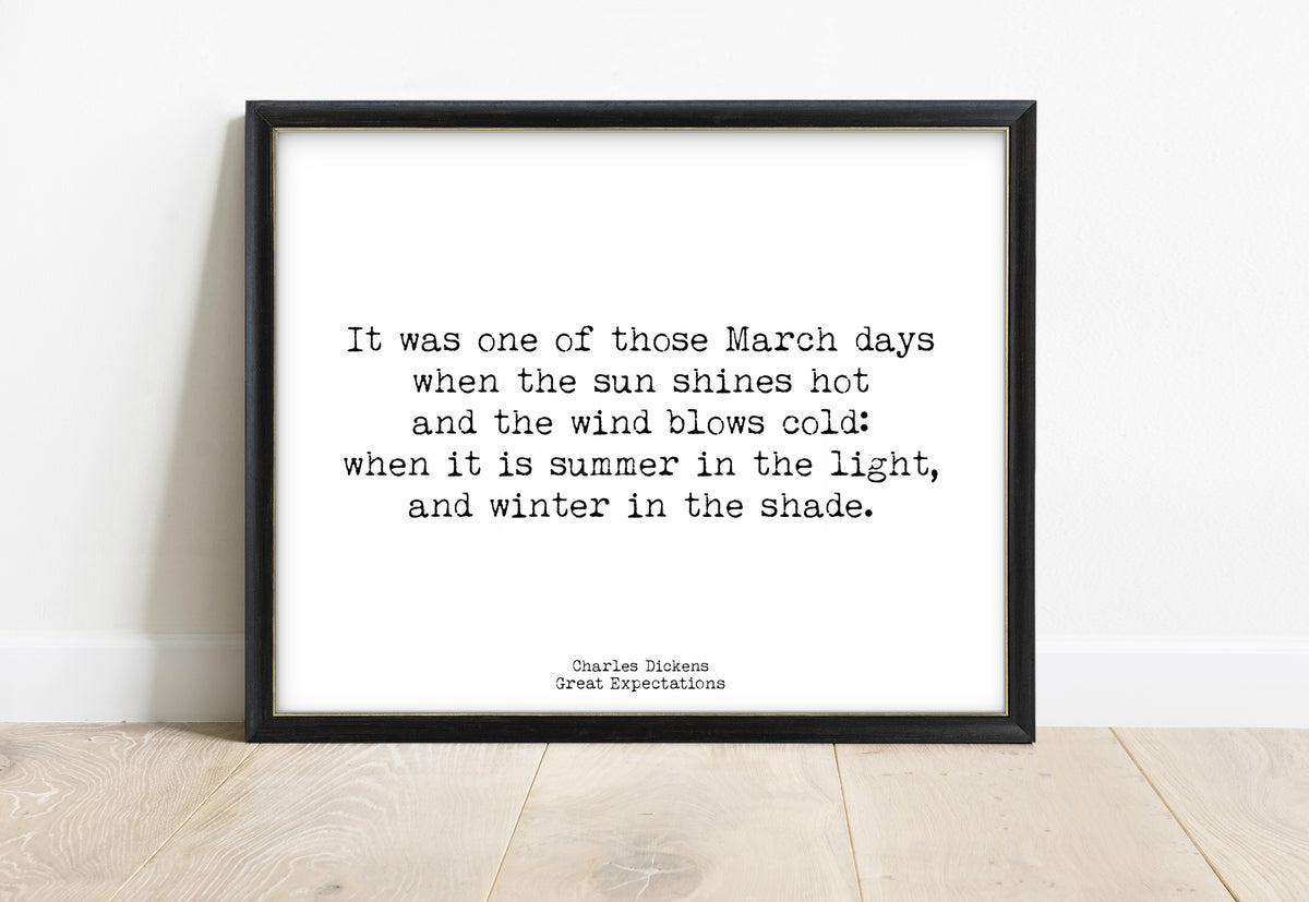 Charles Dickens summer in the light, winter in the shade quote print in a black frame, white background