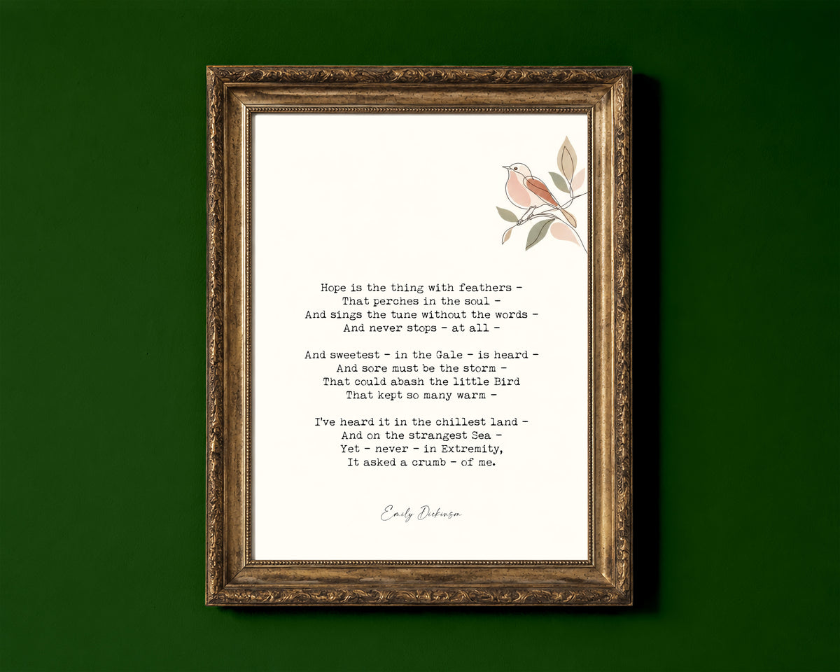 Emily Dickinson hope is the thing with feathers poem with bird illustration print shown in a gold frame for display only; framed prints are sent in a black frame