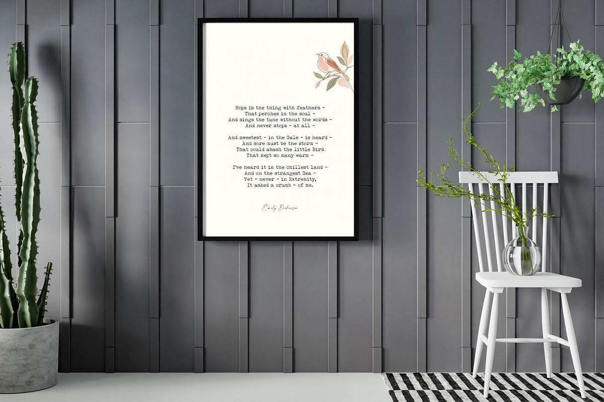 Emily Dickinson hope is the thing with feathers poem with bird illustration print framed in a room with plants