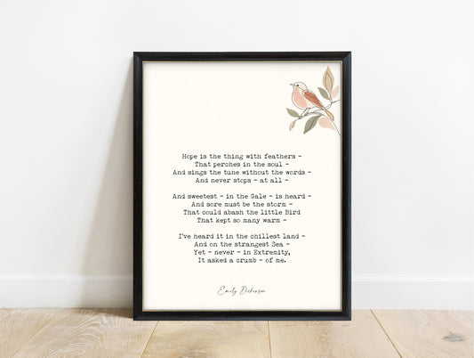 Emily Dickinson hope is the thing with feathers poem with bird illustration print in a black frame