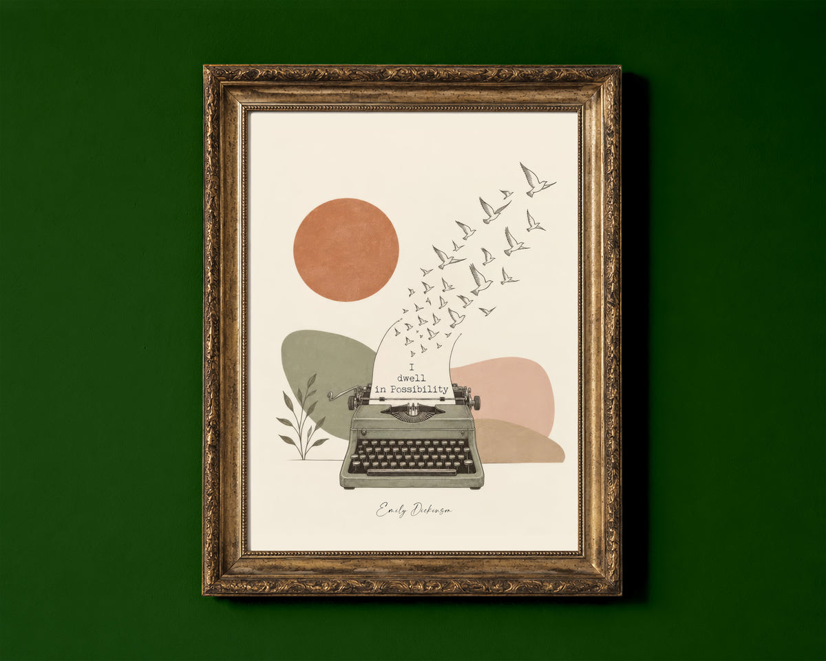 Emily Dickinson I dwell in Possibility quote with a vintage typewriter and birds illustration print shown in a gold frame for display only; framed prints are sent in a black frame