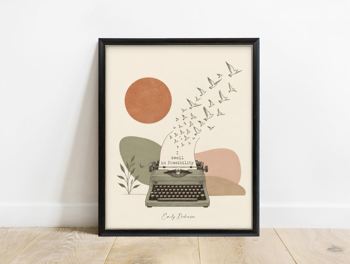 Emily Dickinson I dwell in Possibility quote with a vintage typewriter and birds illustration print in a black frame