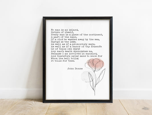 John Donne no man is an island quote print with botanical line drawing, in a black frame