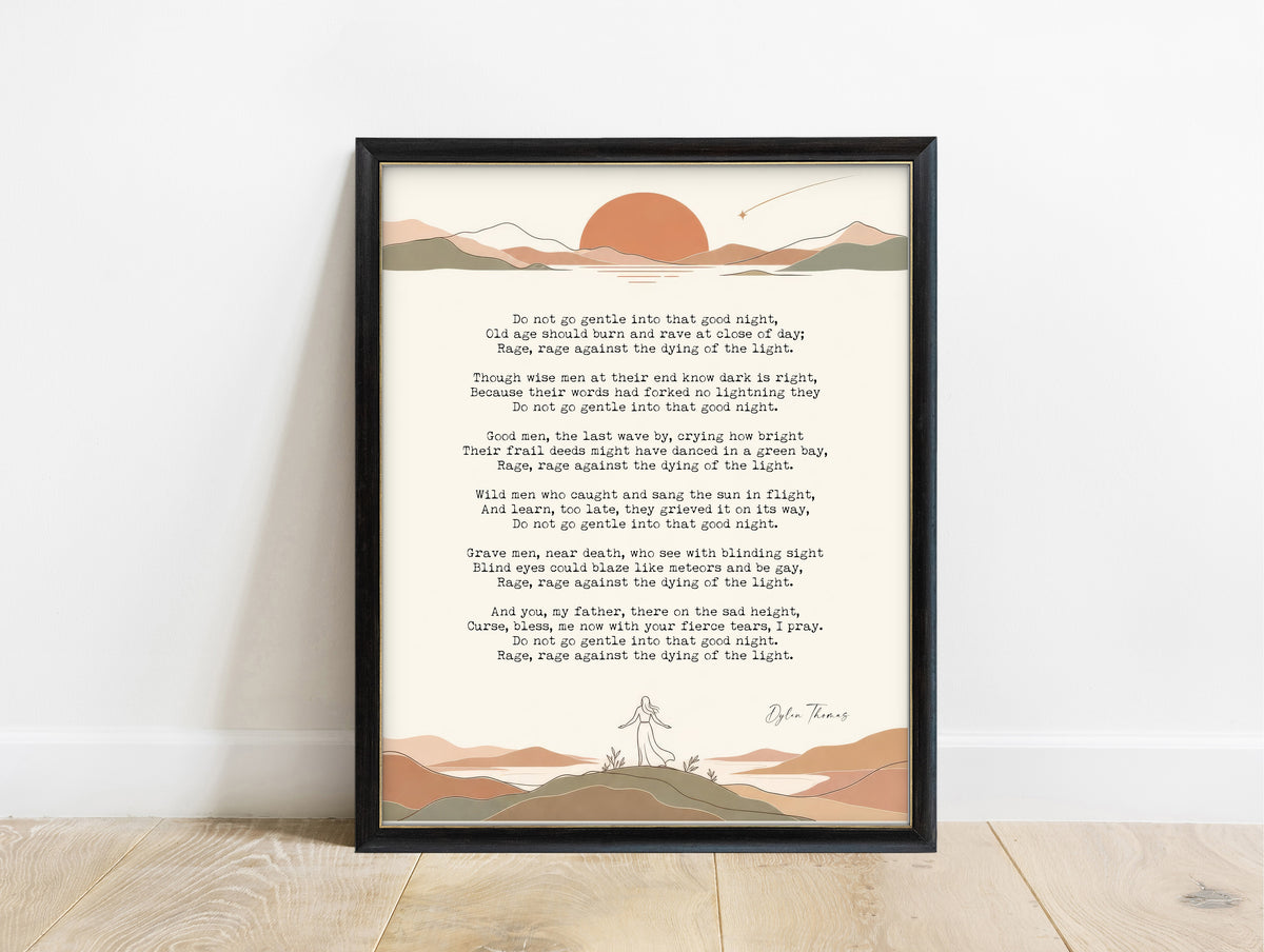 Dylan Thomas do not go gentle poem with hills and setting sun illustration print in a black frame