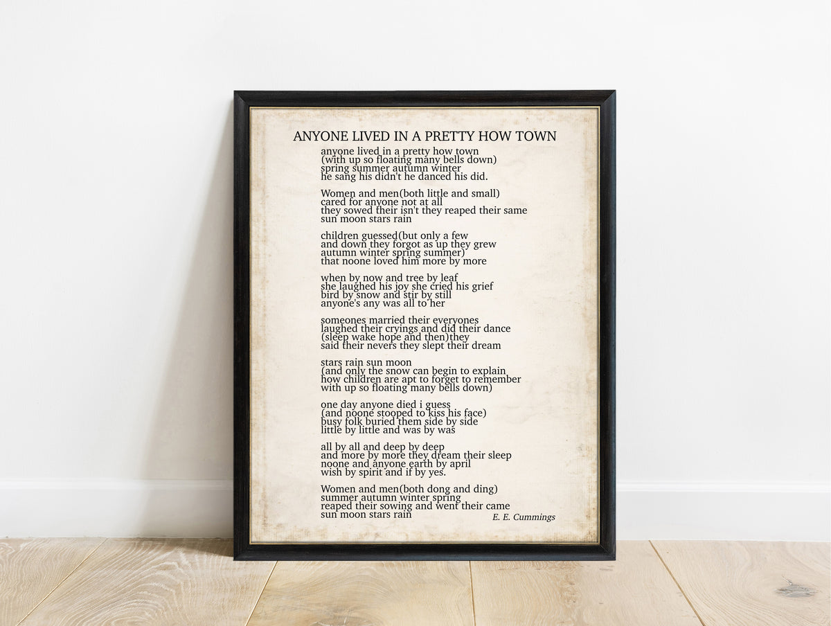 EE Cummings anyone lived in a pretty how town poem print in a black frame, vintage background