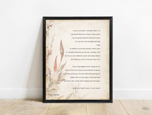 EE Cummings i carry your heart full poem print with watercolour botanicals on vintage paper in a black frame
