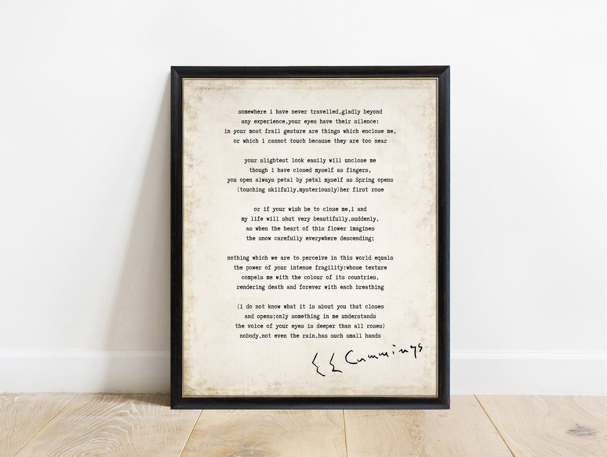 EE Cummings Somewhere I Have Never Travelled poem print in a black frame, vintage background