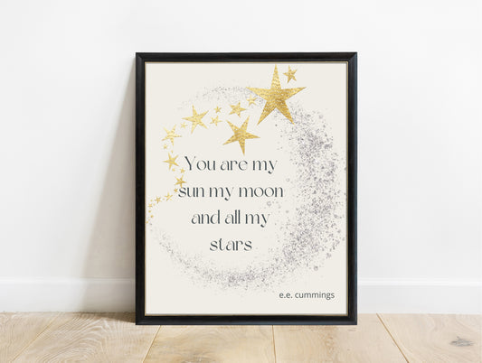 EE Cummings You Are My Sun My Moon And All My Stars gold moon print in a black frame