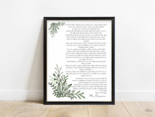 Max Ehrmann Desiderata poem print with watercolour green leaves, in a black frame