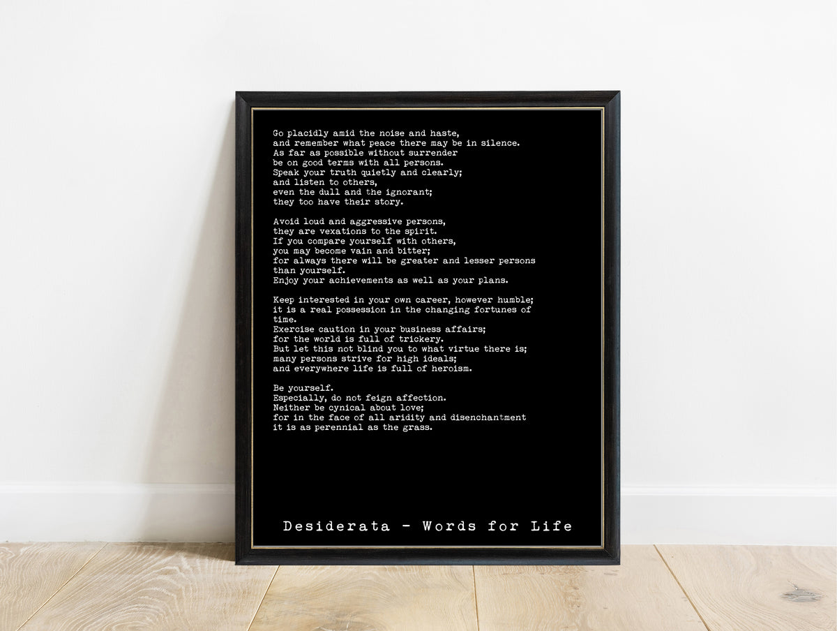 Max Ehrmann Desiderata set of 2, print 1 in a black frame, black background