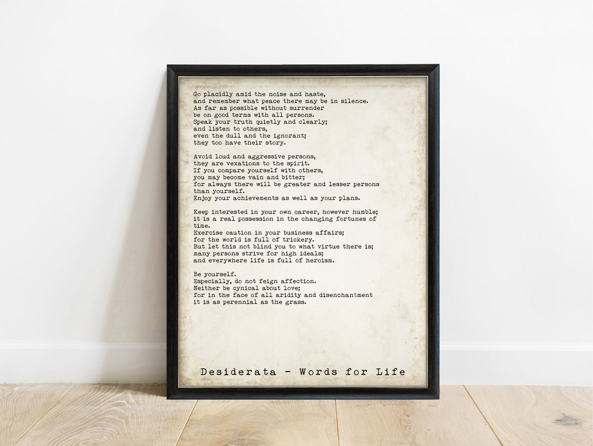 Max Ehrmann Desiderata set of 2, print 1 in a black frame, vintage background