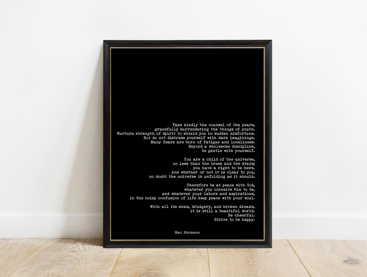 Max Ehrmann Desiderata set of 2, print 2 in a black frame, black background