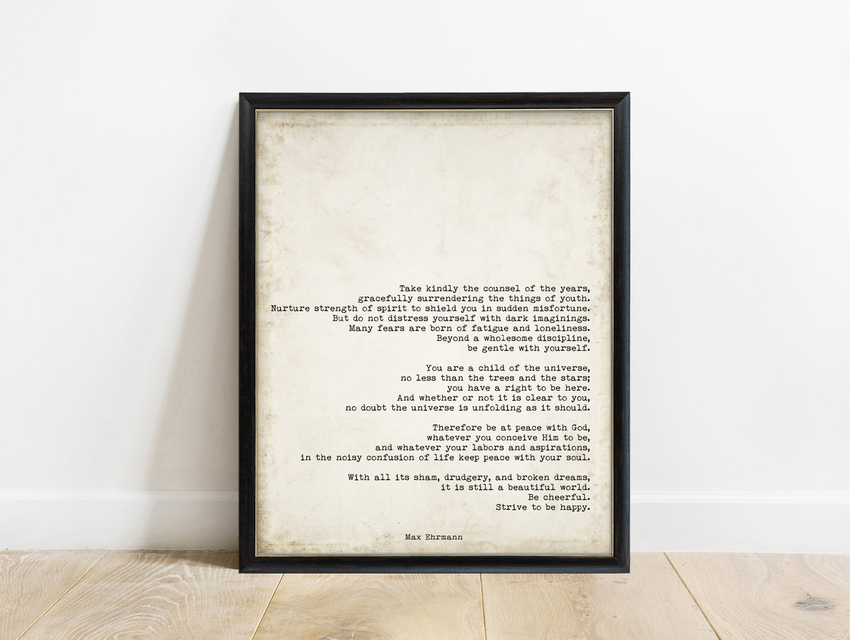 Max Ehrmann Desiderata set of 2, print 2 in a black frame, vintage background