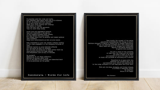 Max Ehrmann Desiderata set of 2 prints in black frames, black background