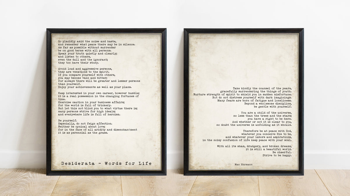 Max Ehrmann Desiderata set of 2 prints in black frames, vintage background