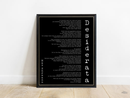Max Ehrmann Desiderata full poem print with vertical title in a black frame, black background