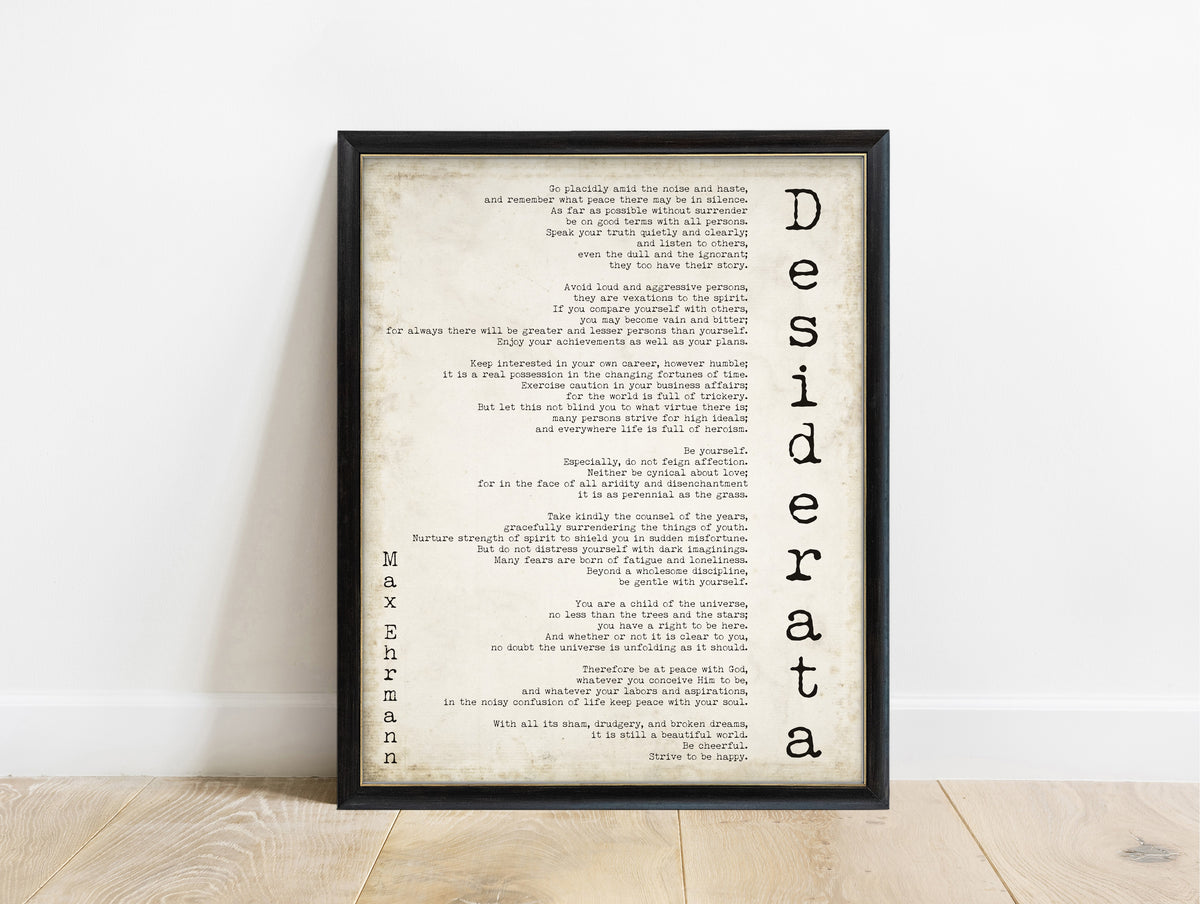 Max Ehrmann Desiderata full poem print with vertical title in a black frame, vintage background