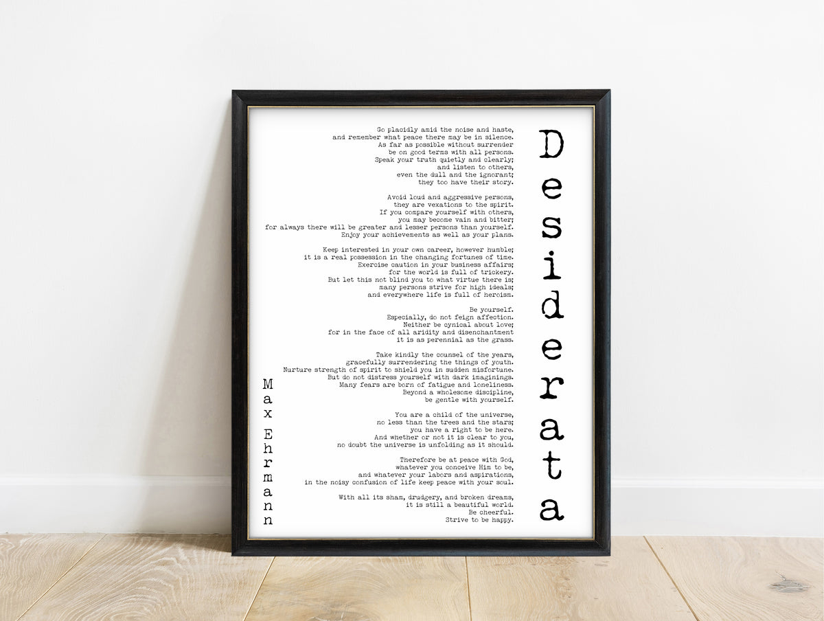 Max Ehrmann Desiderata full poem print with vertical title in a black frame, white background