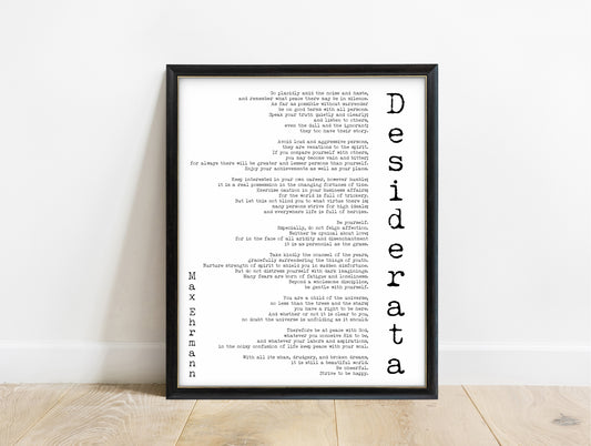 Max Ehrmann Desiderata full poem print with vertical title in a black frame, white background