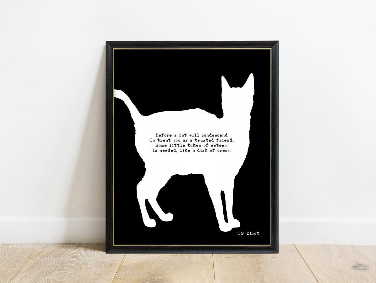 T. S. Eliot Practical Cats poem print with black cat silhouette in a black frame, black background