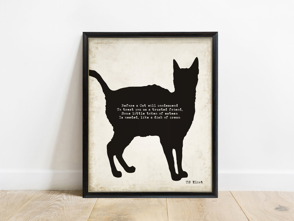T. S. Eliot Practical Cats poem print with black cat silhouette in a black frame, vintage background