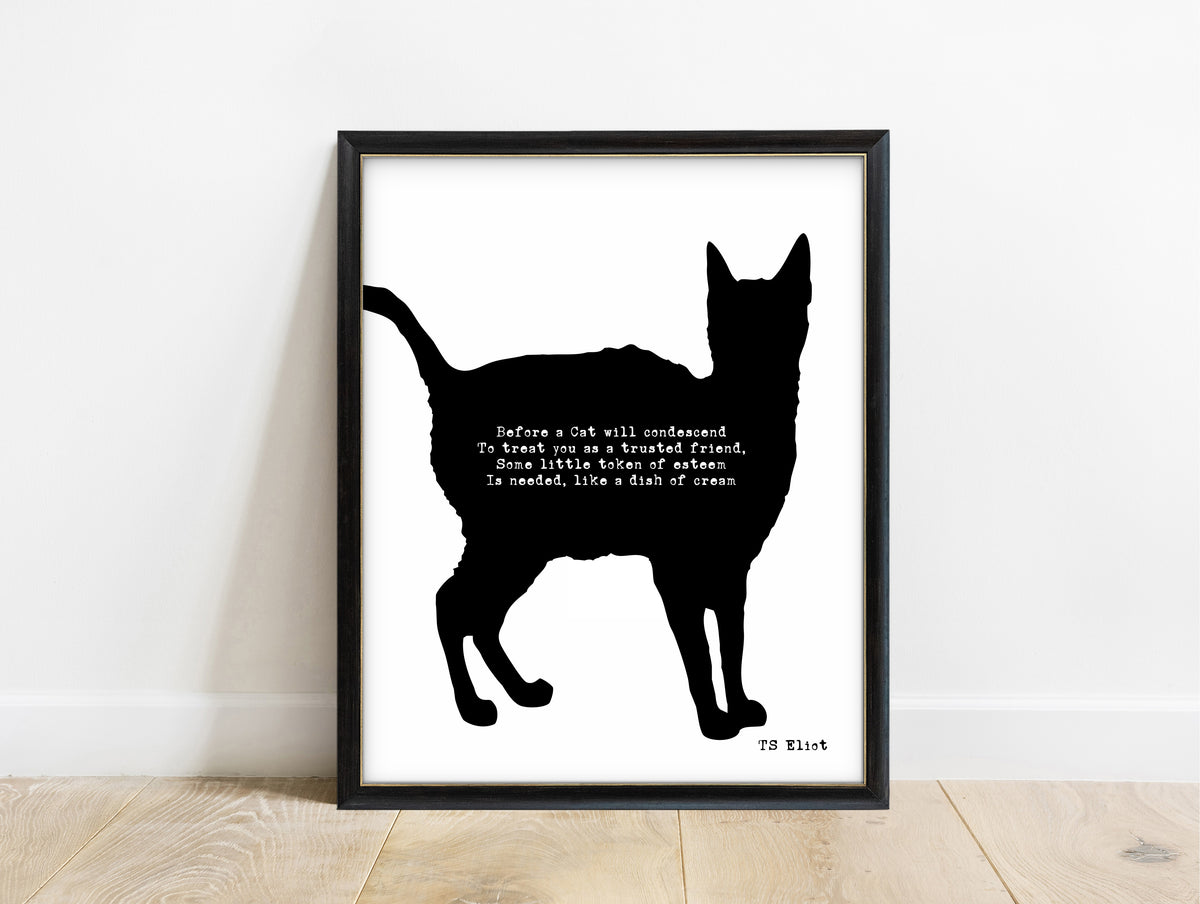T. S. Eliot Practical Cats poem print with black cat silhouette in a black frame, white background