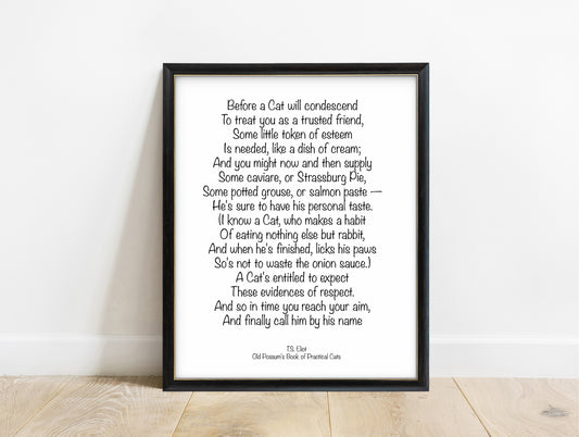 T. S. Eliot Old Possum's Book of Practical Cats poem print in a black frame, white background