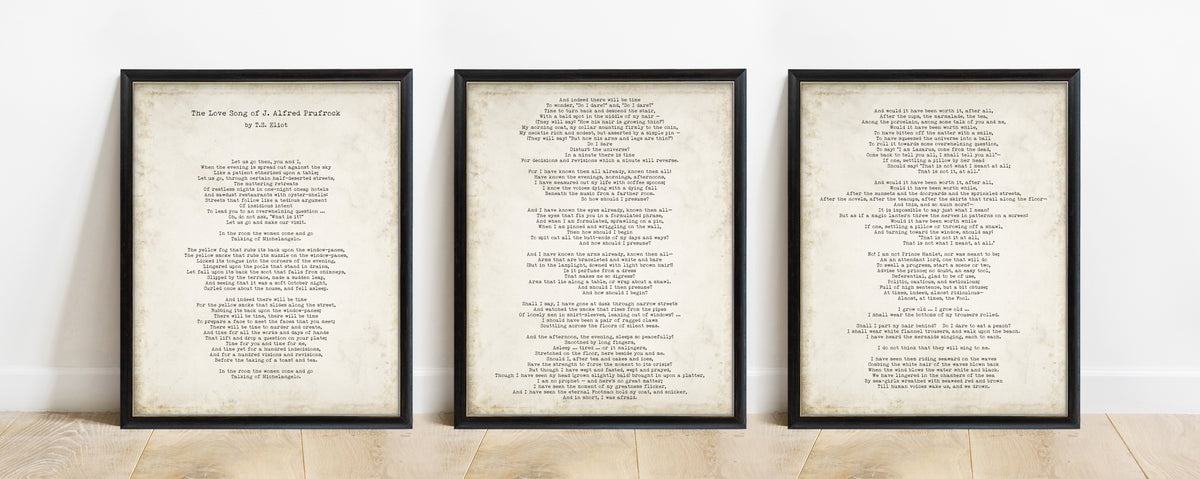 T.S. Eliot The Love Song of J. Alfred Prufrock set of 3 prints in black frames, vintage background