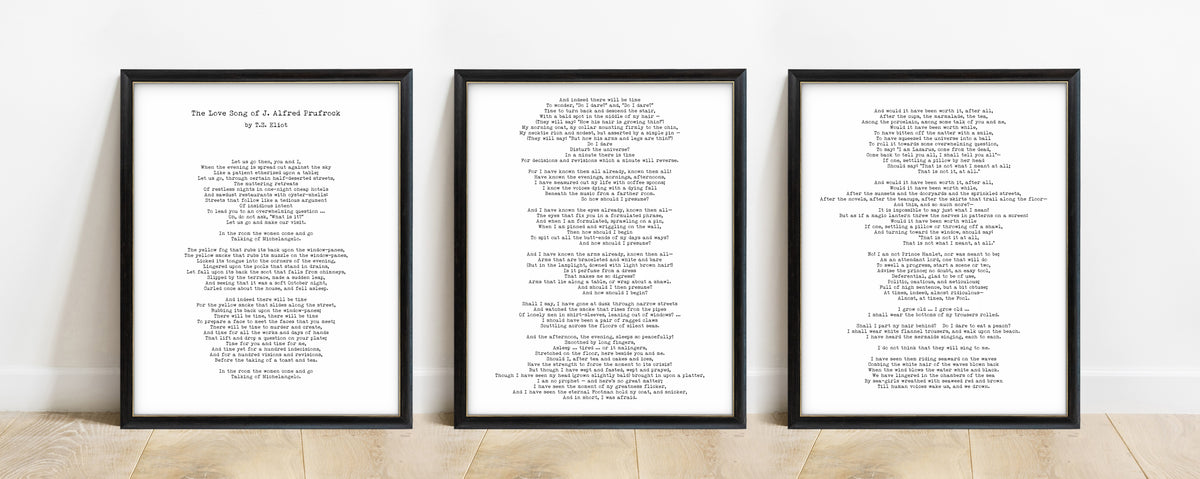 T.S. Eliot The Love Song of J. Alfred Prufrock set of 3 prints in black frames, white background
