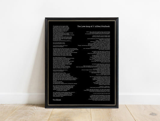 T.S. Eliot The Love Song of J. Alfred Prufrock two column full poem print in a black frame, black background