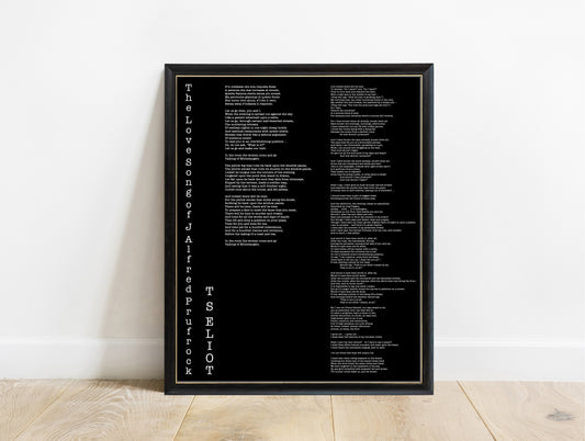 T.S. Eliot The Love Song of J. Alfred Prufrock typewriter full poem print with vertical title in a black frame, black background