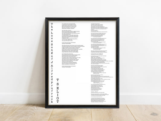 T.S. Eliot The Love Song of J. Alfred Prufrock typewriter full poem print with vertical title in a black frame, white background
