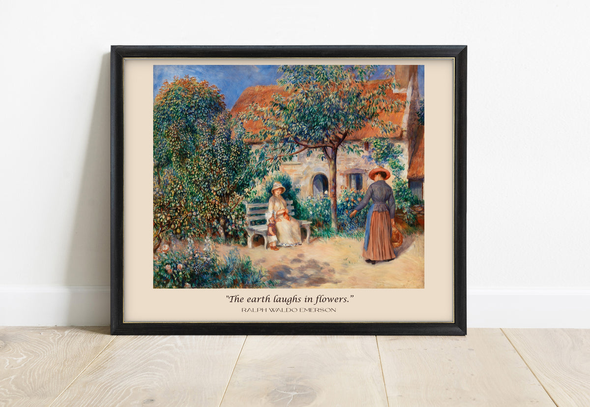 Ralph Waldo Emerson the earth laughs in flowers quote print beneath a Renoir garden painting, in a black frame