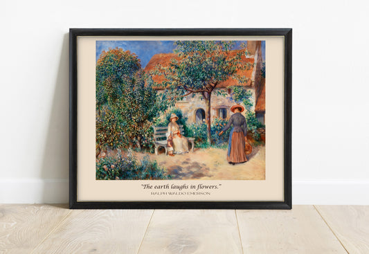 Ralph Waldo Emerson the earth laughs in flowers quote print beneath a Renoir garden painting, in a black frame