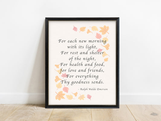 Ralph Waldo Emerson for each new morning gratitude verse print with watercolour autumn leaves, in a black frame
