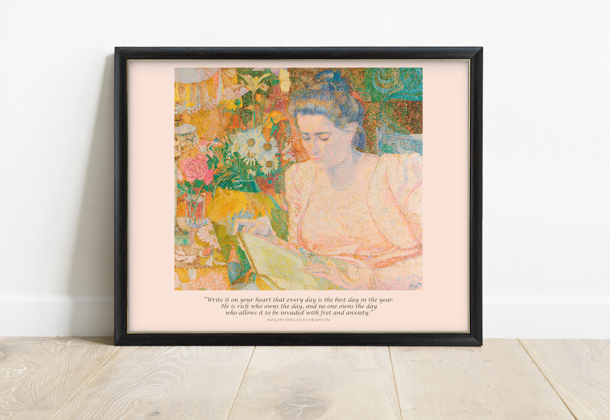 Ralph Waldo Emerson write it on your heart quote print with a 1900 Jan Toorop painting of a woman reading among flowers, in a black frame