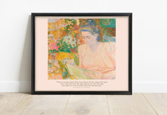 Ralph Waldo Emerson write it on your heart quote print with a 1900 Jan Toorop painting of a woman reading among flowers, in a black frame