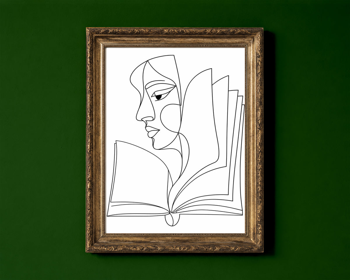 Abstract face in profile flowing into an open book, line art print, black lines on white, shown in a gold frame for display only; framed prints are sent in a black frame