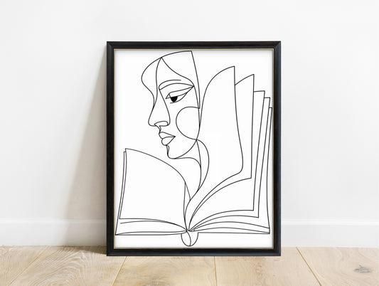 Abstract face in profile flowing into an open book, line art print, black lines on white, in a black frame