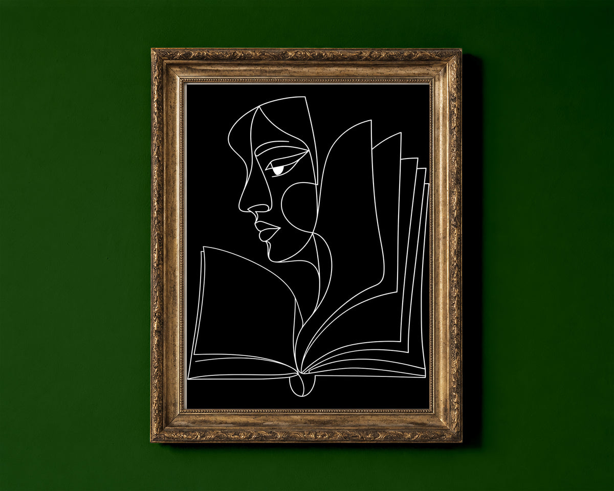 Abstract face in profile flowing into an open book, line art print, white lines on black, shown in a gold frame for display only; framed prints are sent in a black frame